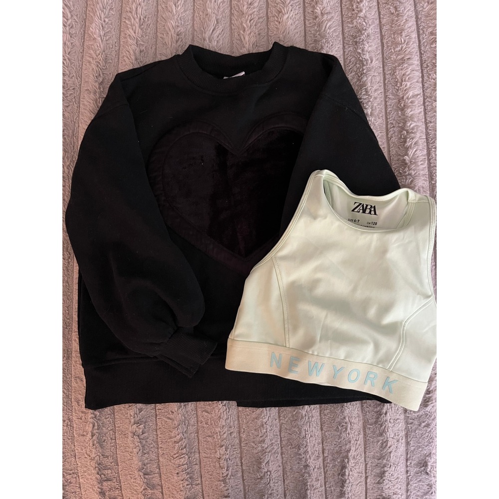 Bundle Zara Girls Black Heart Sweatshirt and Mint New York Sports Bra Size 6-7